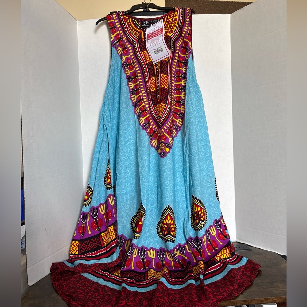 ESY Studio EY Boho Tunic Summer Maxi Dress Sleeveless African Print OS NEW